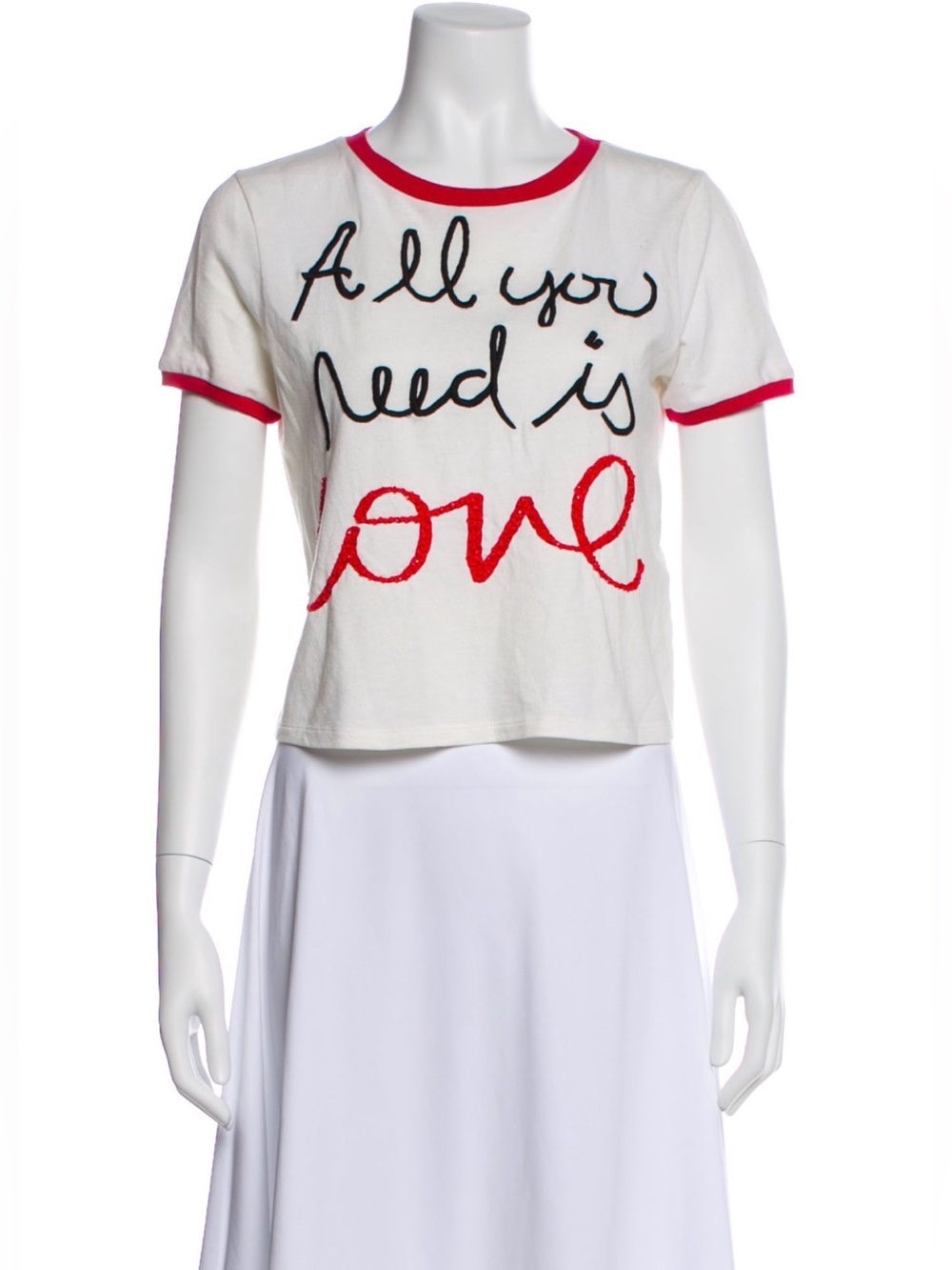 Alice + Olivia White Tee with Red Trim and Script Graphic
